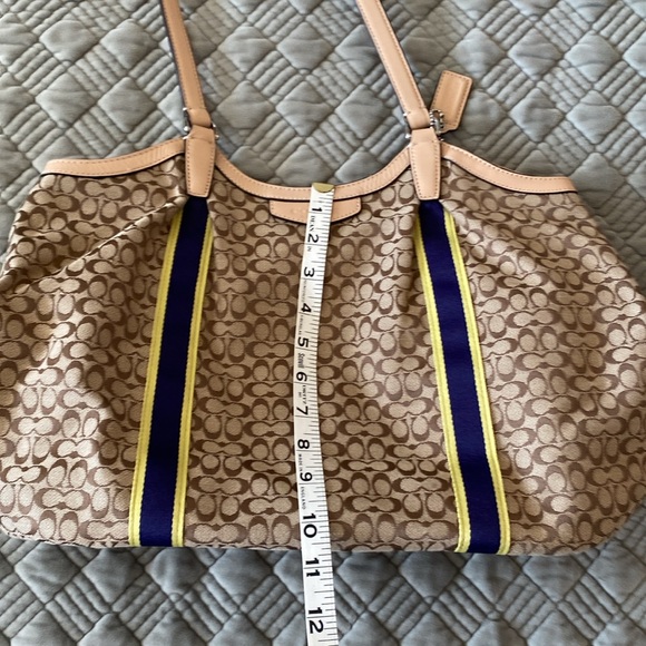 Coach Signature Devin Shoulder Bag - Brown with Blue and Yellow Stripe - Picture 9 of 9